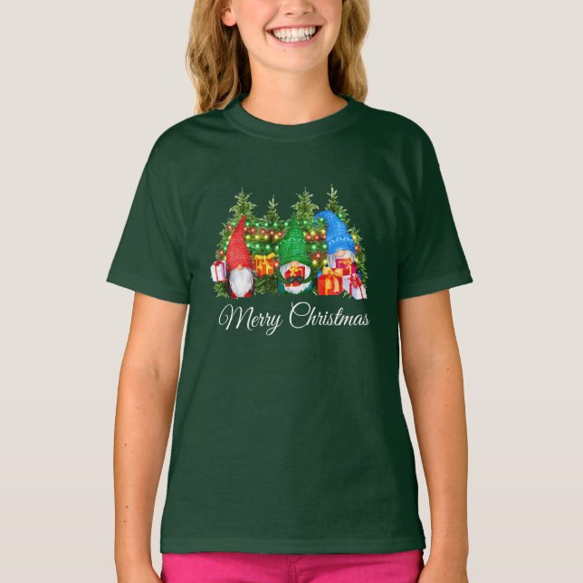 Watercolor Gnomes Merry Christmas Girl's Green T-Shirt (Front)
