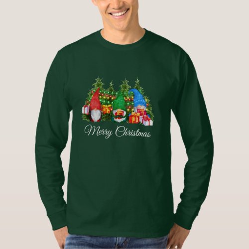 Watercolor Gnomes Merry Christmas Green Long T_Shirt