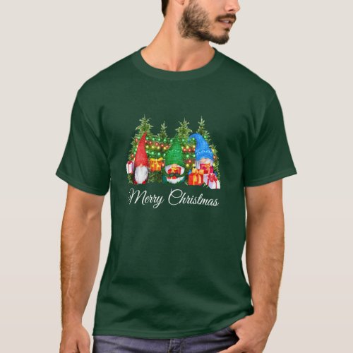 Watercolor Gnomes Merry Christmas Green T_Shirt