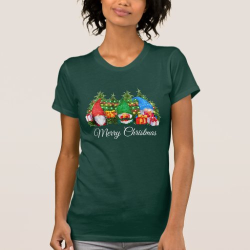 Watercolor Gnomes Merry Christmas Green W T_Shirt