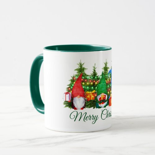 Watercolor Gnomes Merry Christmas Lights Green Mug