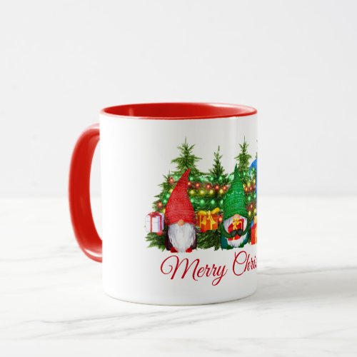 Watercolor Gnomes Merry Christmas Lights Red Mug