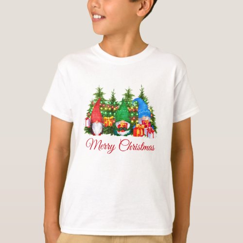 Watercolor Gnomes Red Merry Christmas Boys T_Shirt