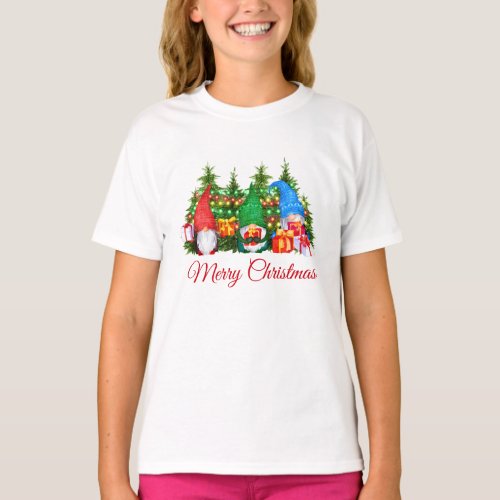 Watercolor Gnomes Red Merry Christmas Girls T_Shirt