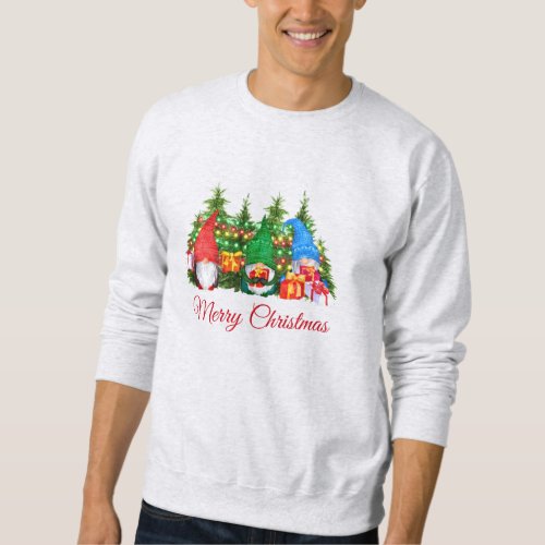 Watercolor Gnomes Red Merry Christmas Gray Sweatshirt
