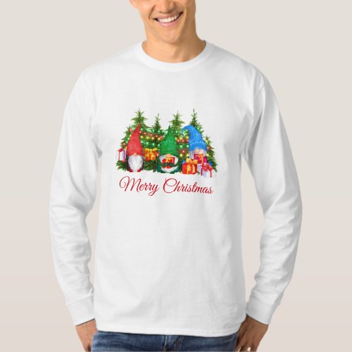 Watercolor Gnomes Red Merry Christmas Long T_Shirt