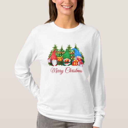 Watercolor Gnomes Red Merry Christmas Long W T_Shirt