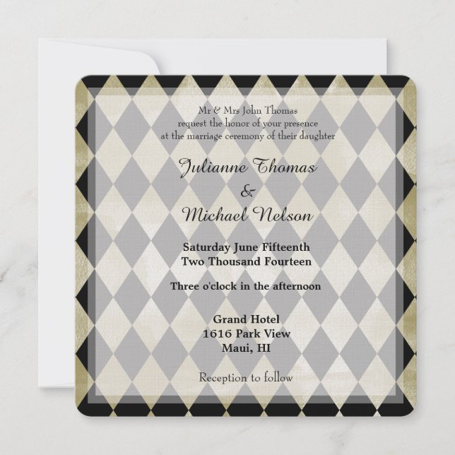Watercolor Gold and Black Diamonds Wedding Invitation (Front)