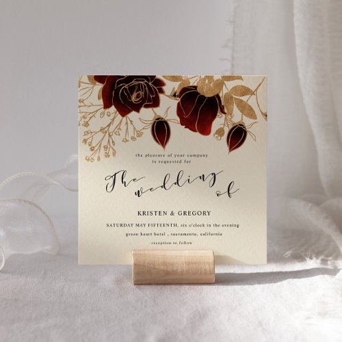Watercolor Gold and Burgundy Roses Square Wedding Invitation