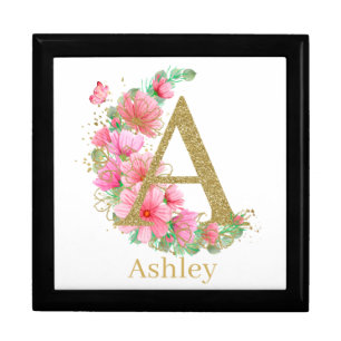 Watercolor Gold and Floral Monogram Letter A Gift Box