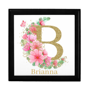 Watercolor Gold and Floral Monogram Letter B Gift Box