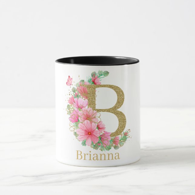 Watercolor Gold and Floral Monogram Letter B Mug (Center)
