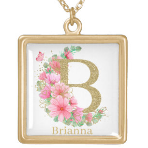 Watercolor Gold and Floral Monogram Letter B Plated Necklace