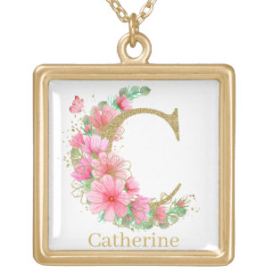Watercolor Gold and Floral Monogram Letter C Plated Necklace