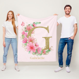 Watercolor Gold and Floral Monogram Letter G Fleece Blanket