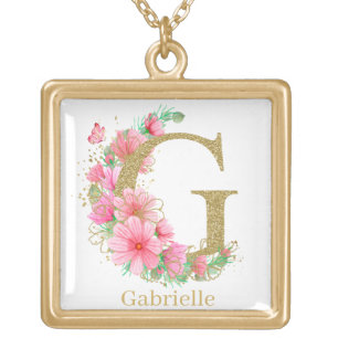 Watercolor Gold and Floral Monogram Letter G Plated Necklace