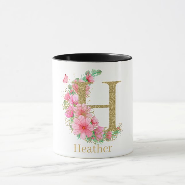 Watercolor Gold and Floral Monogram Letter H Mug (Center)