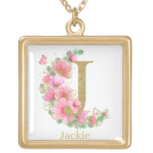 Watercolor Gold and Floral Monogram Letter J Plated Necklace