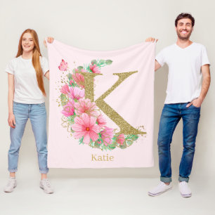 Watercolor Gold and Floral Monogram Letter K Fleece Blanket