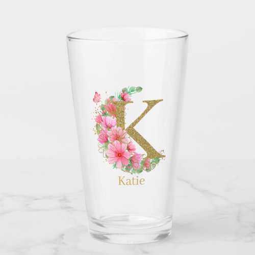 Watercolor Gold and Floral Monogram Letter K Glass