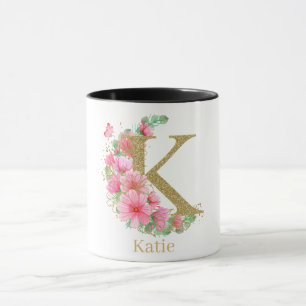 Watercolor Gold and Floral Monogram Letter K Mug