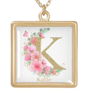 Watercolor Gold and Floral Monogram Letter K Plated Necklace