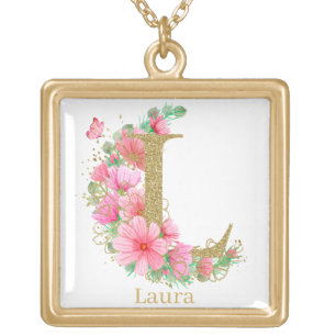 Watercolor Gold and Floral Monogram Letter L Plated Necklace