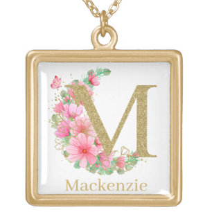 Watercolor Gold and Floral Monogram Letter M Plated Necklace