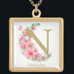 Watercolor Gold and Floral Monogram Letter N Gold Plated Necklace<br><div class="desc">This elegant design features a watercolor gold and floral monogram,  making it perfect for personalizing a range of products for a special occasion or gift. The design can be applied to various products,  making it a versatile and unique option.</div>