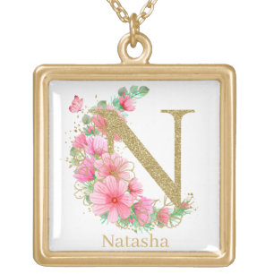 Watercolor Gold and Floral Monogram Letter N Gold Plated Necklace