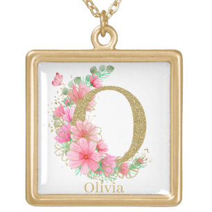 Watercolor Gold and Floral Monogram Letter O Plated Necklace