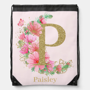 Watercolor Gold and Floral Monogram Letter P Drawstring Bag