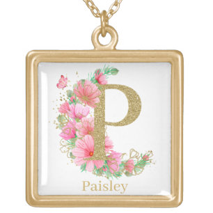 Watercolor Gold and Floral Monogram Letter P Plated Necklace