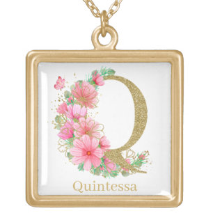 Watercolor Gold and Floral Monogram Letter Q Plated Necklace