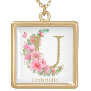 Watercolor Gold and Floral Monogram Letter U Plated Necklace