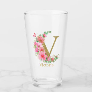 Watercolor Gold and Floral Monogram Letter V Glass