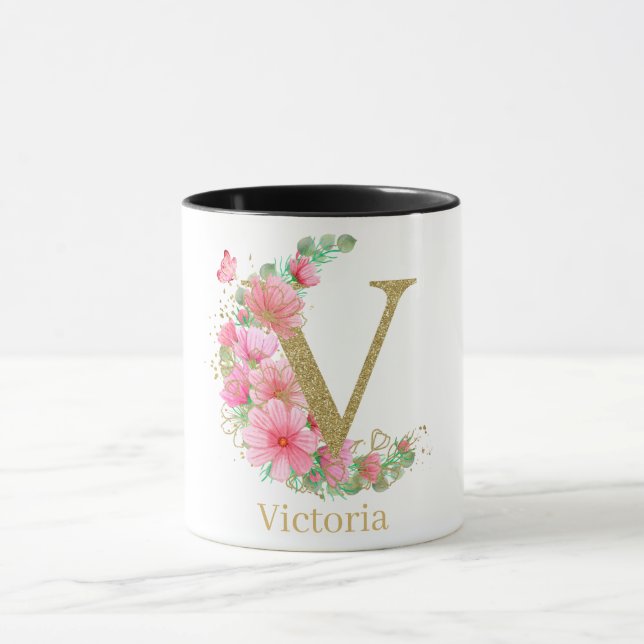Watercolor Gold and Floral Monogram Letter V Mug (Center)