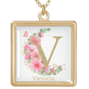 Watercolor Gold and Floral Monogram Letter V Plated Necklace