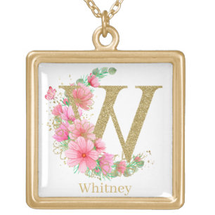 Watercolor Gold and Floral Monogram Letter W Plated Necklace