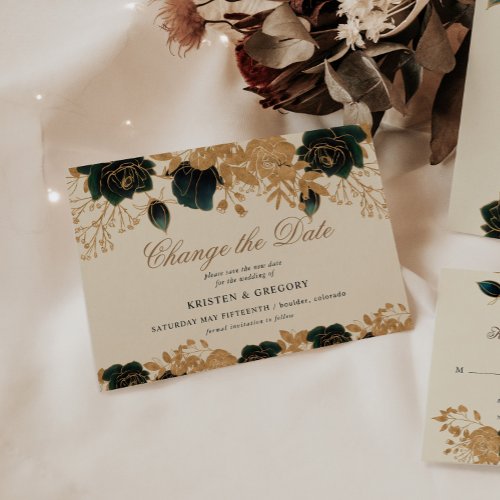 Watercolor Gold And Green Roses Change The Date Invitation