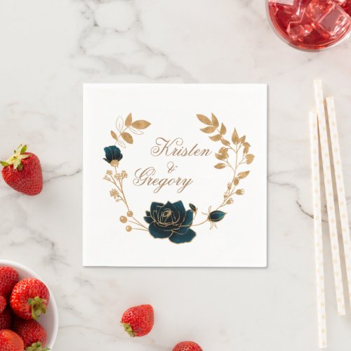 Watercolor Gold And Green Roses Monogram Paper Napkins