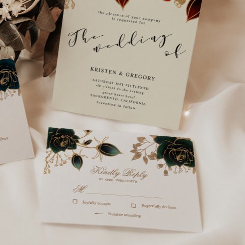 Watercolor Gold And Green Roses RSVP Response Card