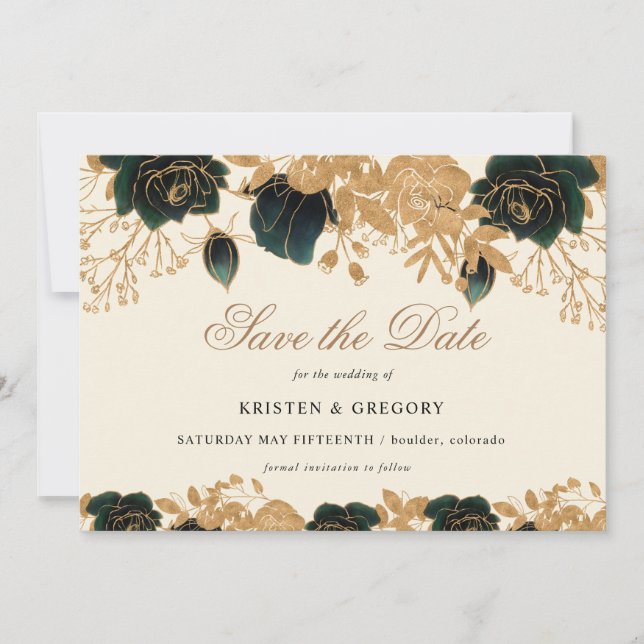 Watercolor Gold And Green Roses Save The Date Invitation (Front)
