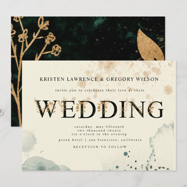 Watercolor Gold and Green Roses Wedding Invitation (Front/Back)