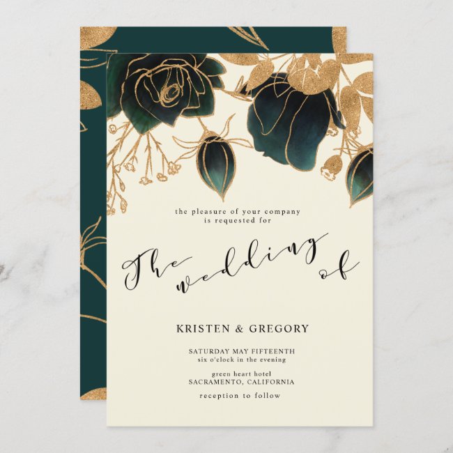 Watercolor Gold and Green Roses | Wedding Invitation