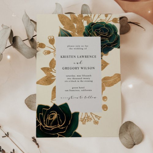 Watercolor Gold and Green Roses Wedding Invitation