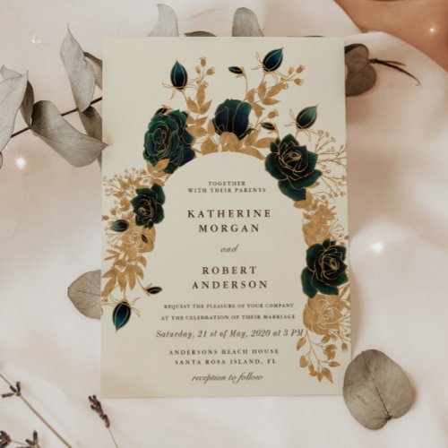 Watercolor Gold and Green Roses Wedding Invitation