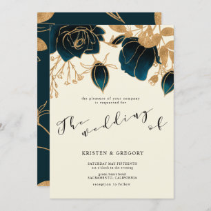 Watercolor Gold and Green Wedding Invitation