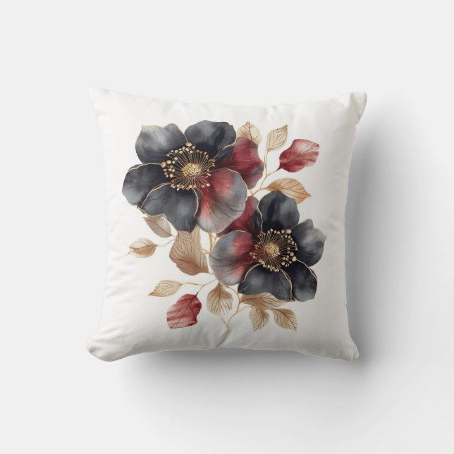 Watercolor gold black and burgundy flowers throw pillow (Front)