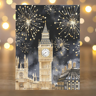 Watercolor Gold Black Happy New Year London  Holiday Postcard